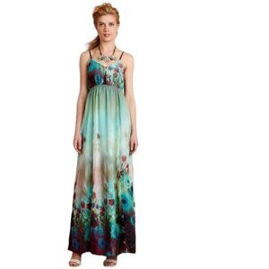 Anthropologie Floral Watercolor Maxi Dress Blue Green